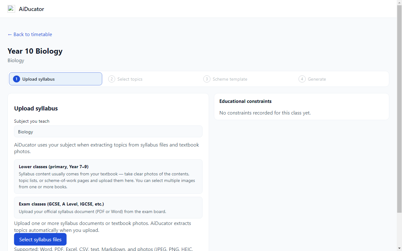 Aiducator.mu — Upload syllabus screen